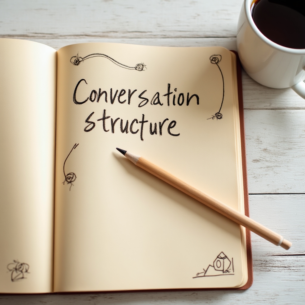 Open notebook with conversation structure notes on a clean desk with a cup of coffee beside it
