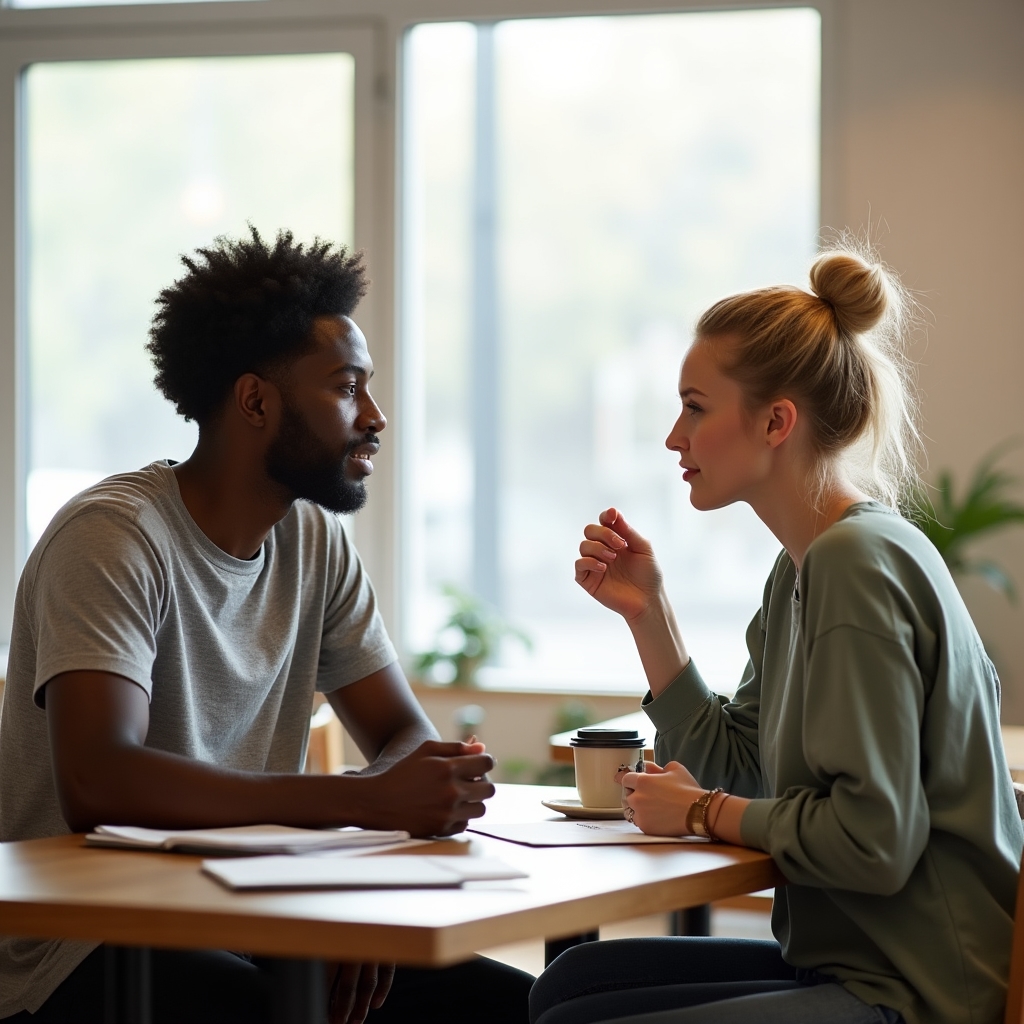 Young couple at a bright cafe having a relaxed but focused discussion, papers visible on the table between them
