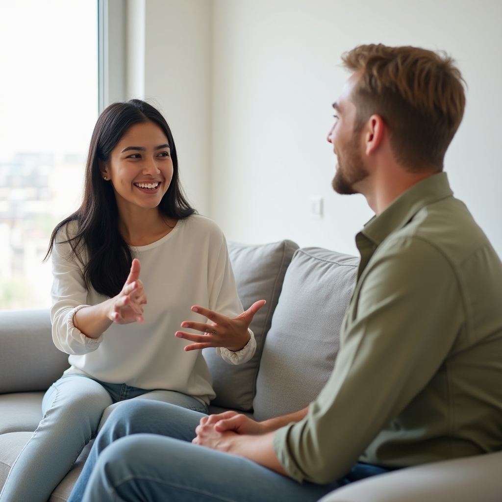 Couple facing each other on a light sofa in a bright living room, one speaking and the other listening attentively, relaxed body language
