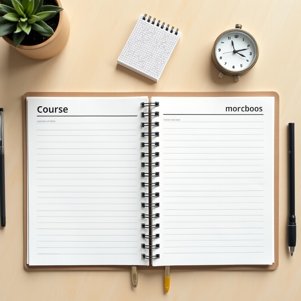 Overhead view of a clean desk with course materials, a planner and pen arranged neatly on a white surface