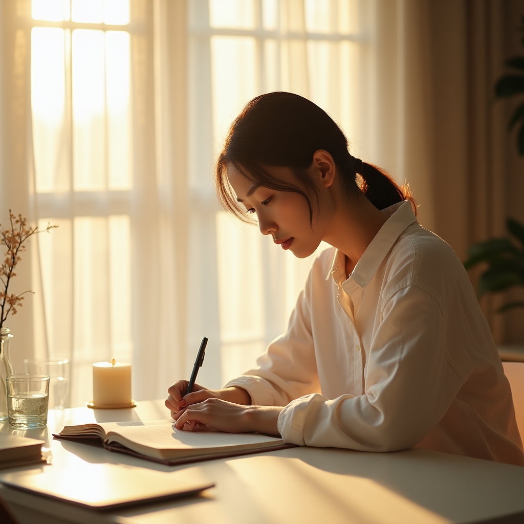 Person writing thoughtfully in a journal at a bright desk, soft natural light, contemplative expression, clean minimal surroundings