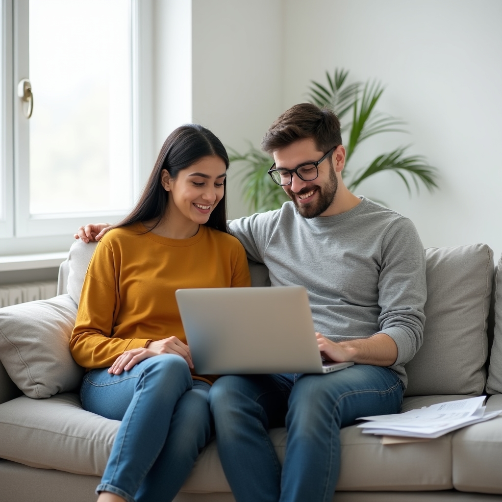 Two partners sitting side by side reviewing a shared budget on a laptop in a calm home setting