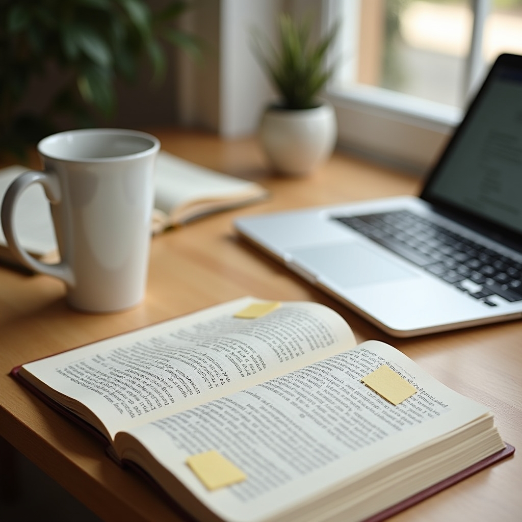 Bright workspace with open books on communication psychology, a laptop screen showing notes, warm natural light from a window